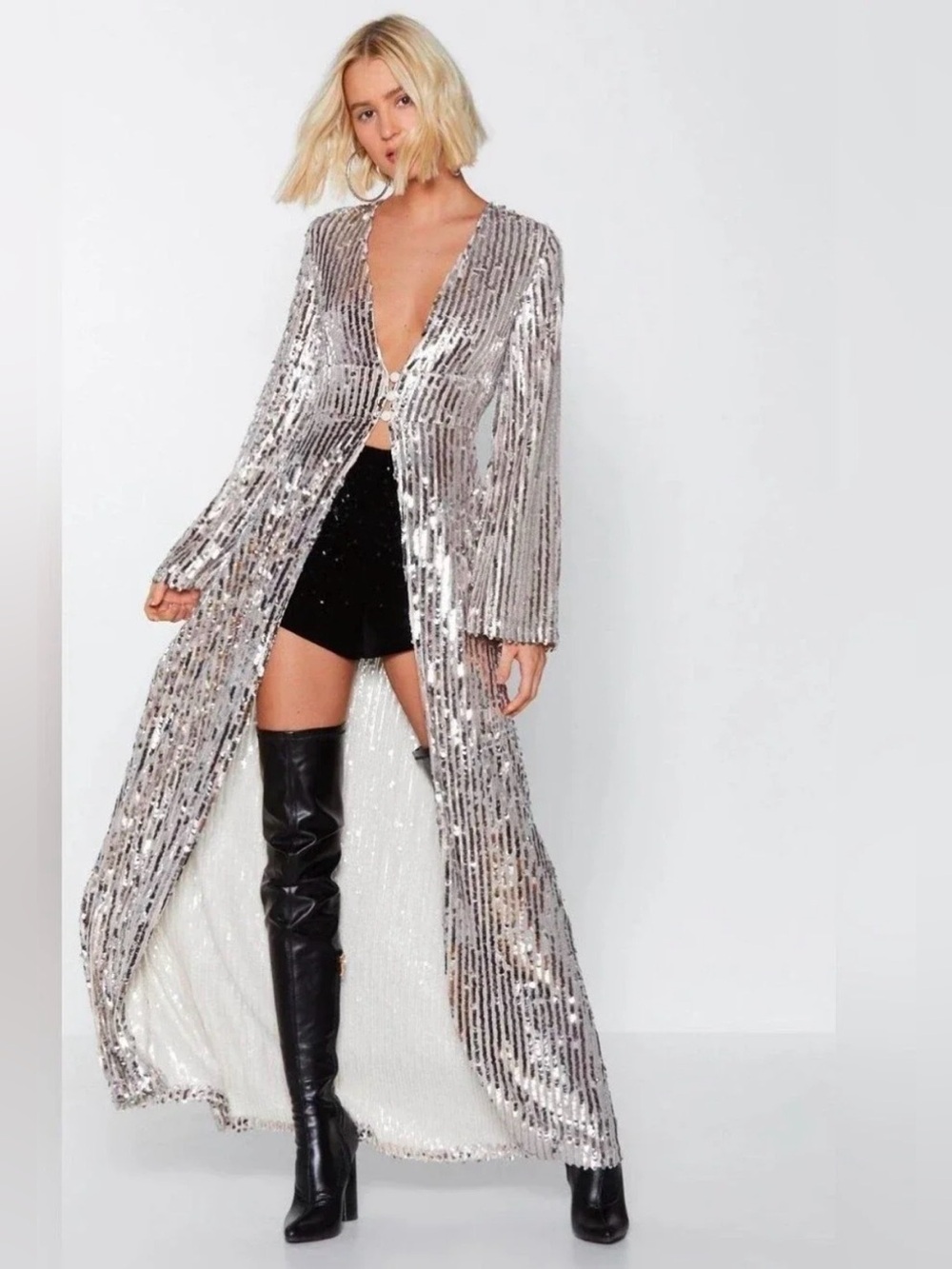 Nasty Gal Studio Longline At The Bar Sequin Duster - size 6